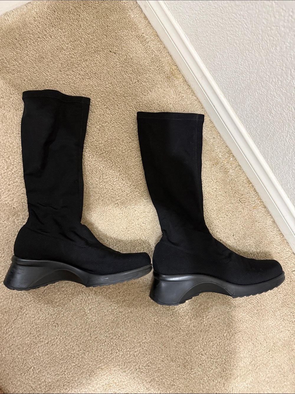 Black Stretch Over-the-Knee Wedge Boots - Sleek Platform Style